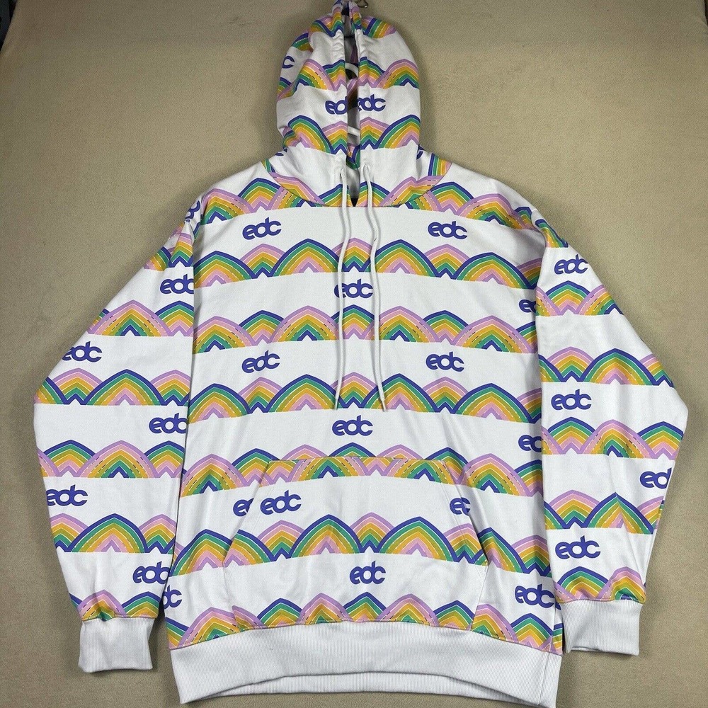 Insomniac EDC Mens L Hoodie Sweatshirt Pouch Pocket White Logo Rainbow Rave‎